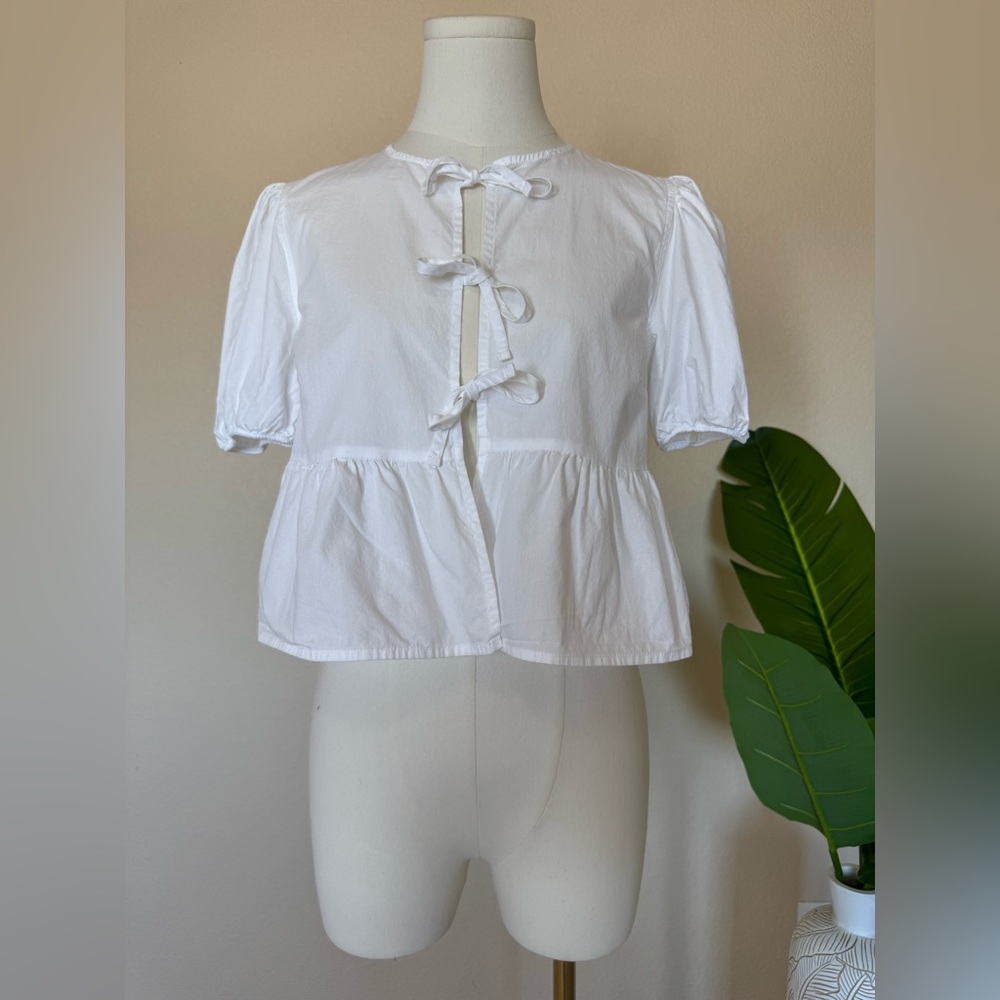 H&M White Puff Sleeve Tie-Front Blouse